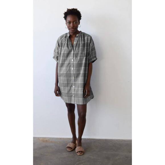 Never A Wallflower Elastic Sleeve Dress Navy Blue Plaid Printed Cotton Mini - Picture 8 of 8